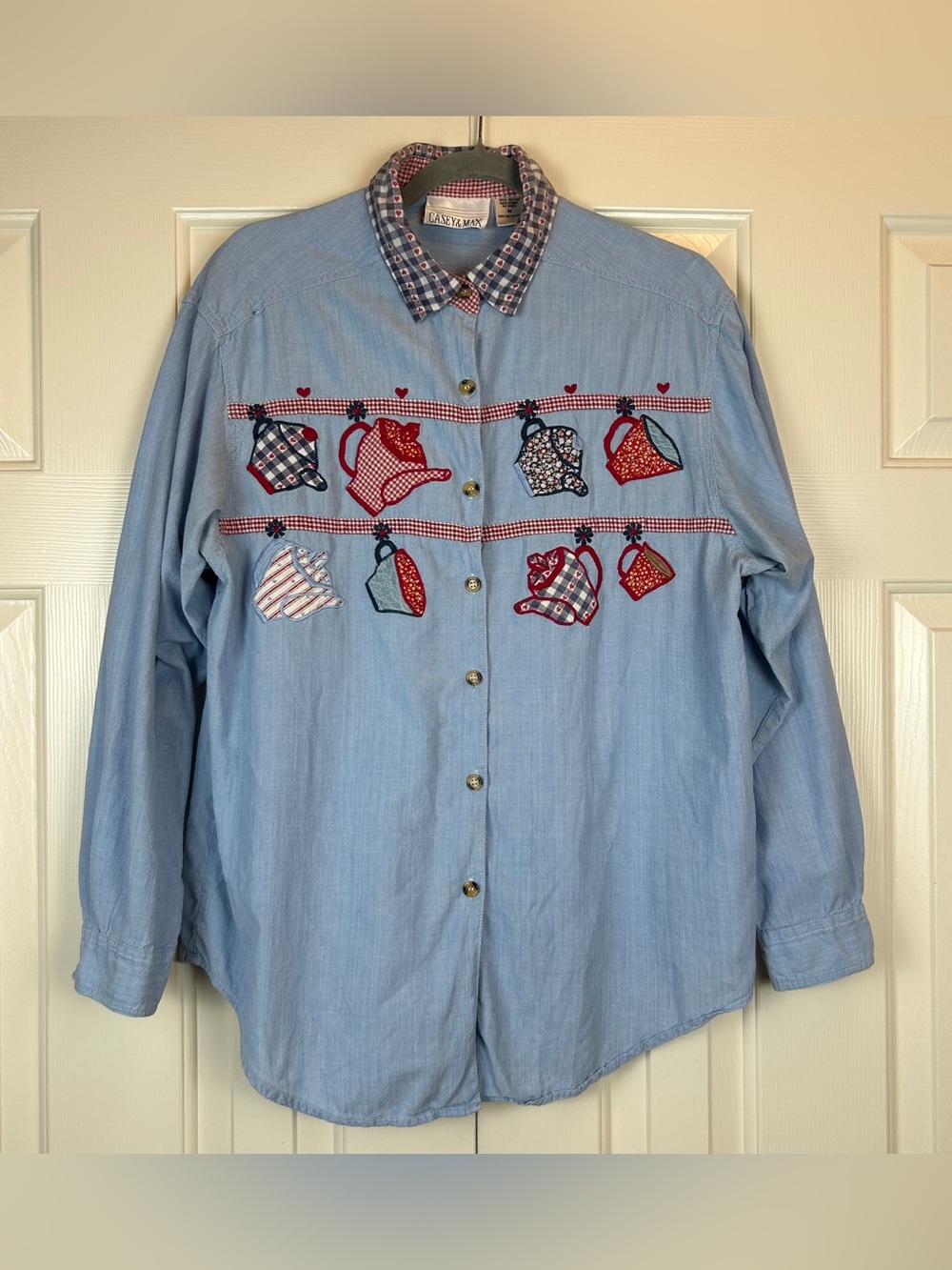 Vintage Casey & Max Patchwork Tea Kettle Button Up Shirt